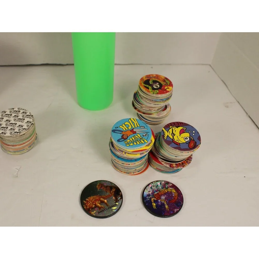 90s Nostalgia Lot: Vintage Pogs & Rohks Slammers with Storage Tubes - Huge Colle